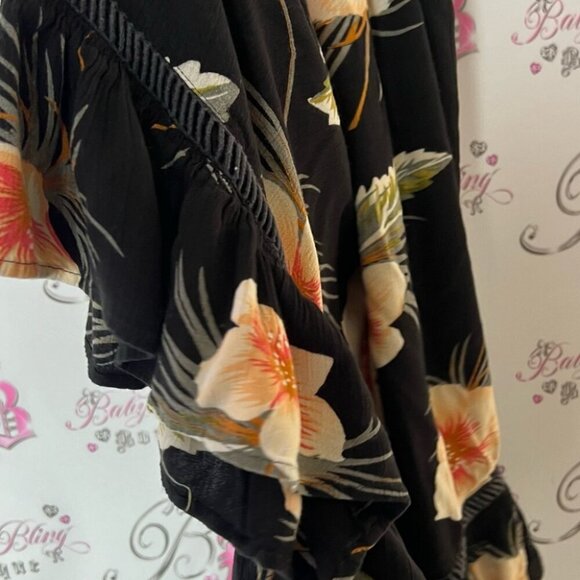 Volcom dress hibiscus πΊ flowers peach orange green Floral Black Dress crochet - Picture 6 of 8